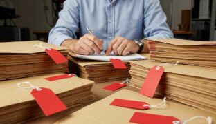 Man sitting at desk with folders and price tags