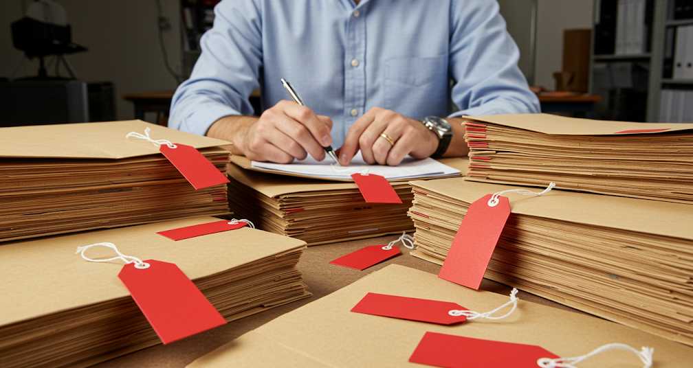 Man sitting at desk with folders and price tags