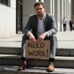 Man sitting on steps with a sign "Need work"