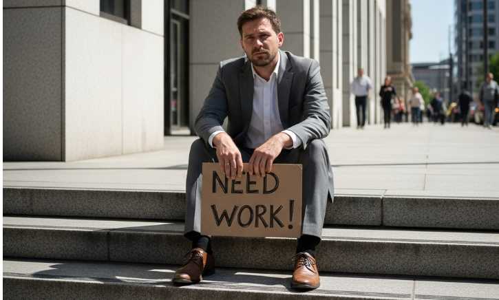 Man sitting on steps with a sign "Need work"