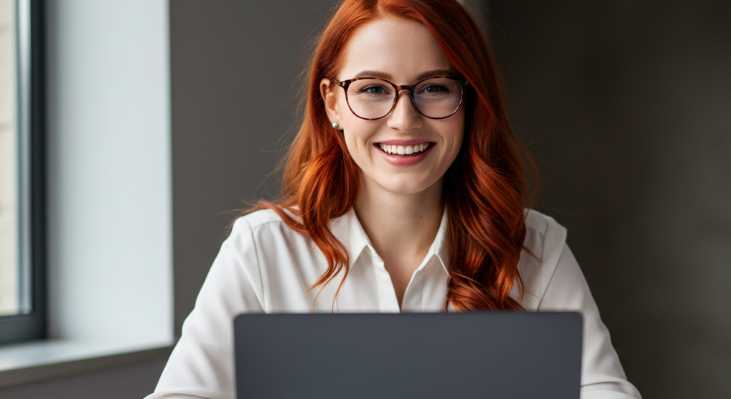 A happy woman working on a laptop
