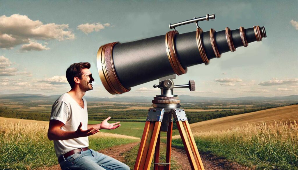 man looking into the wrong end of a telescope