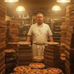 A baker making hundreds of pies