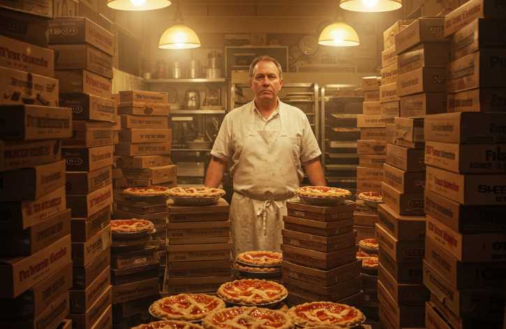 A baker making hundreds of pies
