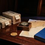 Stacks of stock certificates on a captains desk