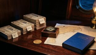 Stacks of stock certificates on a captains desk