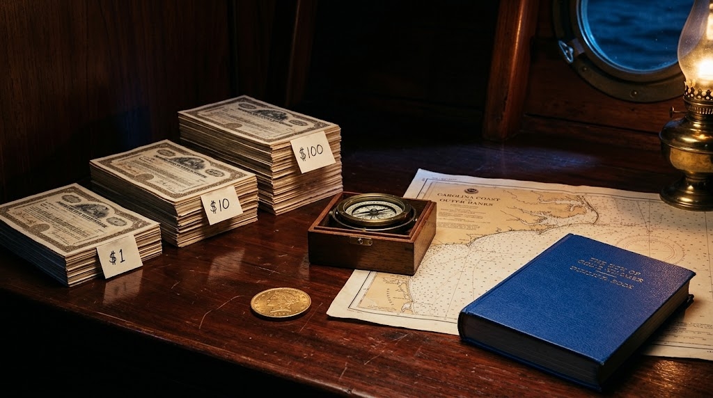 Stacks of stock certificates on a captains desk
