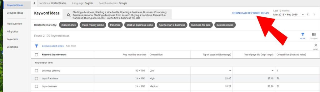 Screen shot to download keyword results