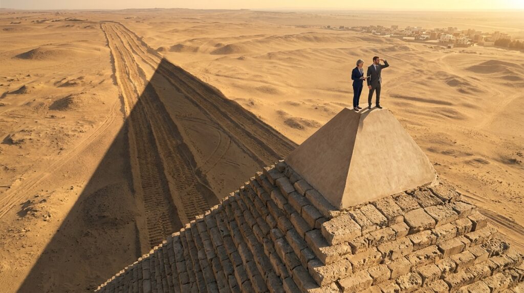 A president and the CEO standing on top of a pyramid.