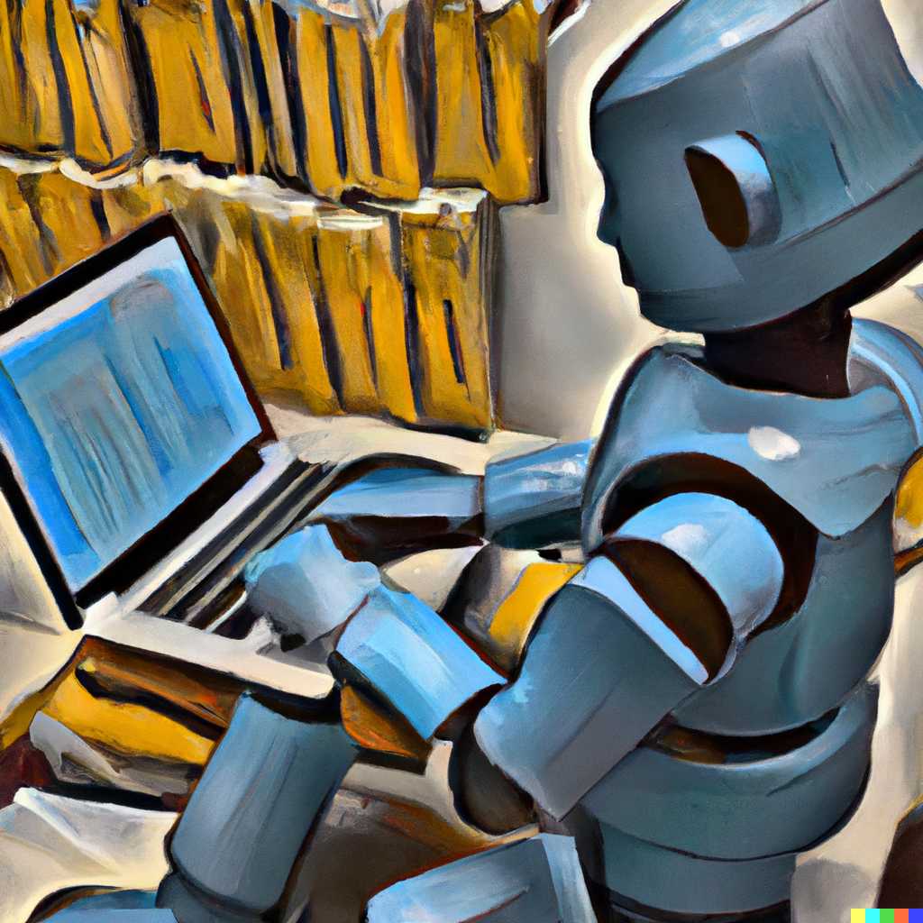 Stylized robot typing on a laptop