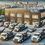 A tow truck company with tow trucks in the yard