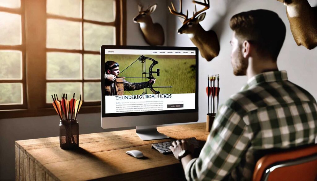 Man looking at a computer screen in a bowhunting setting