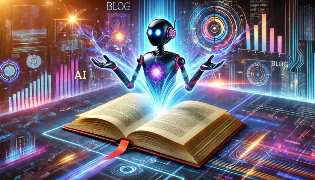 A bot rising from the pages of a book or blog