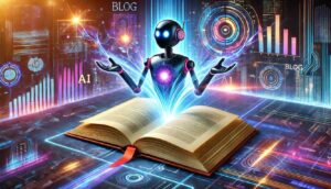 A bot rising from the pages of a book or blog