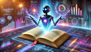 A bot rising from the pages of a book or blog