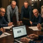 Men around a table computing the IRR of an investment
