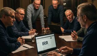 Men around a table computing the IRR of an investment