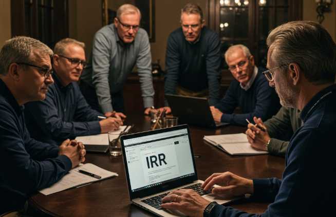 Men around a table computing the IRR of an investment