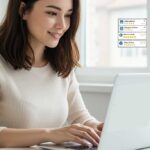 Woman at laptop looking at google reviews.