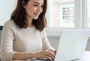 Woman at laptop looking at google reviews.