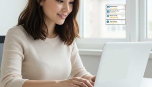 Woman at laptop looking at google reviews.