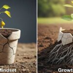 Why Your Mindset Predicts Business Success (and Failure) More Than You Think One flower constrained by its pot and not growing labeled fixed mindset next to another plant that has broken free of its pot and roots growing into the soil and growing tall toward the sun