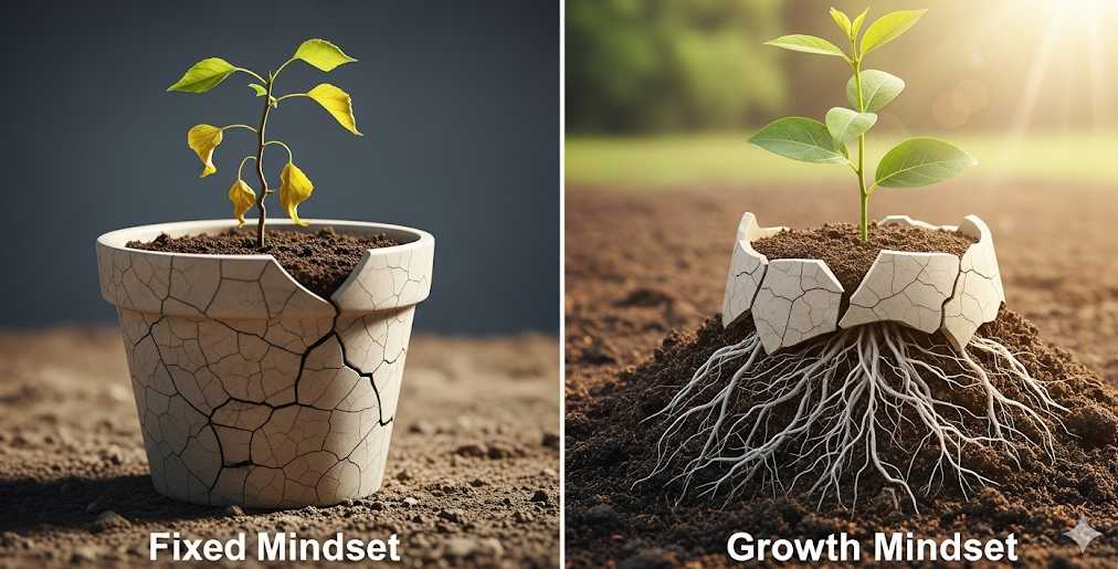 One flower constrained by its pot and not growing labeled fixed mindset next to another plant that has broken free of its pot and roots growing into the soil and growing tall toward the sun