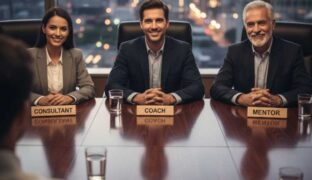 A coach a consultant and a mentor sitting in front of a client