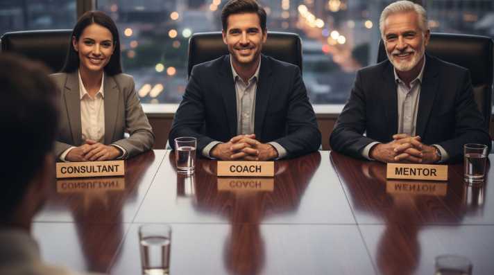 A coach a consultant and a mentor sitting in front of a client