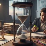 Man sitting at a desk doing work while an hourglass ticks time down to zero