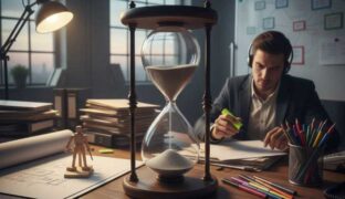 Man sitting at a desk doing work while an hourglass ticks time down to zero