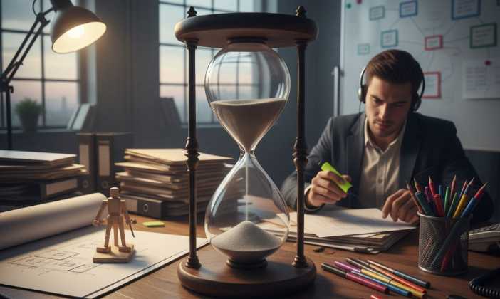 Man sitting at a desk doing work while an hourglass ticks time down to zero
