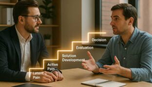 A salesman and a prospect sitting at a table with 5 steps of the buyers journey visible