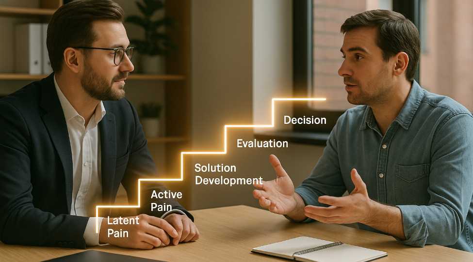A salesman and a prospect sitting at a table with 5 steps of the buyers journey visible