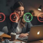 A woman sitting in front of a laptop with dials of her customer acquisition budget visible