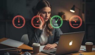 A woman sitting in front of a laptop with dials of her customer acquisition budget visible