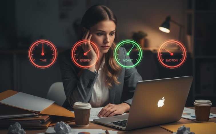 A woman sitting in front of a laptop with dials of her customer acquisition budget visible