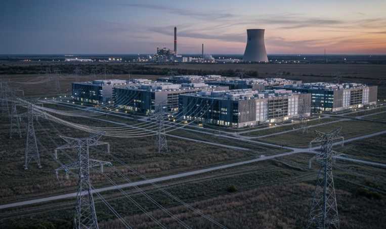 AI data center with nuclear power plant in the background