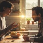 Two people talking with a bright light between them to symbolize elicitation question.