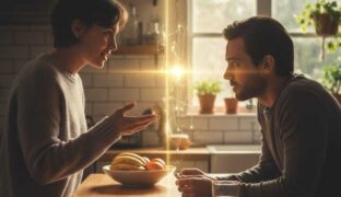 Two people talking with a bright light between them to symbolize elicitation question.