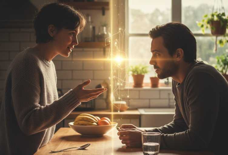 Two people talking with a bright light between them to symbolize elicitation question.