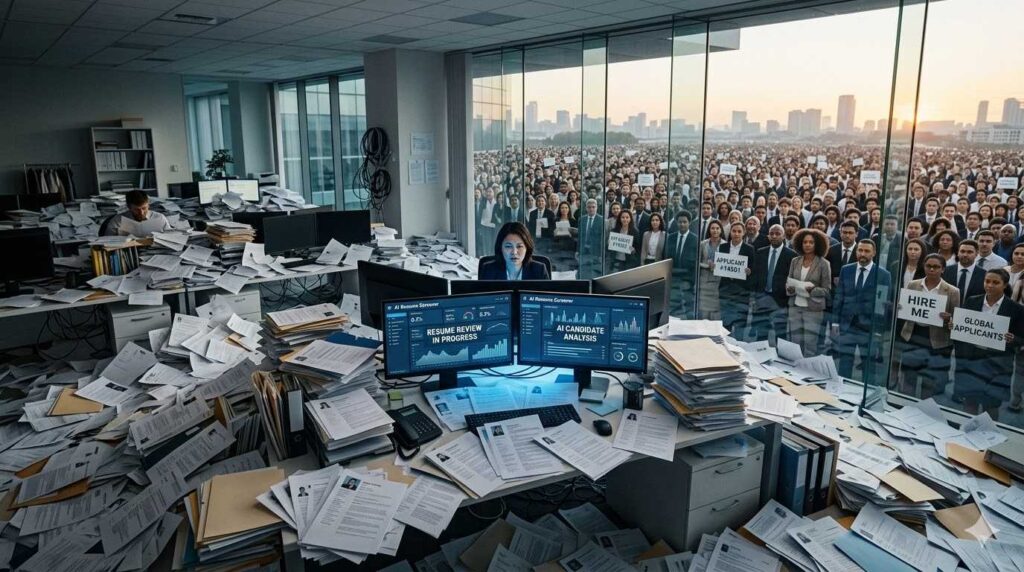 An overwhelming number of resumes for a job opening.