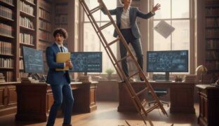 Woman on a ladder that is collapsing