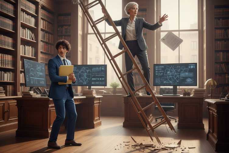 Woman on a ladder that is collapsing