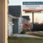 A man handing a customer a small window sticker with a billboard in the background.