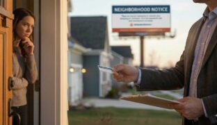 A man handing a customer a small window sticker with a billboard in the background.