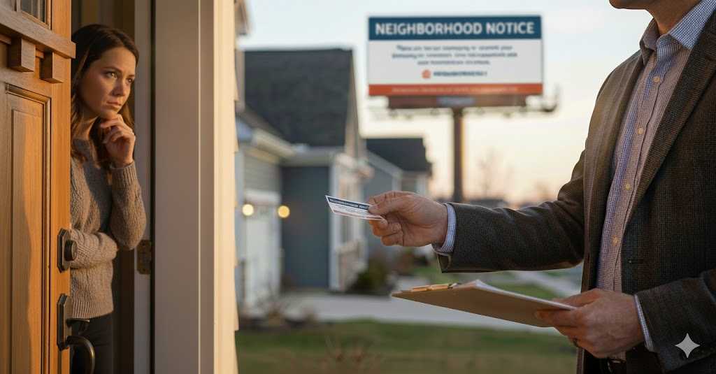 A man handing a customer a small window sticker with a billboard in the background.