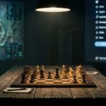 A chess board to simulate game theory with social media and a military strategic map in the background.