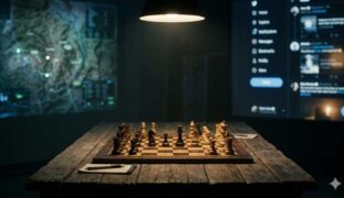 A chess board to simulate game theory with social media and a military strategic map in the background.