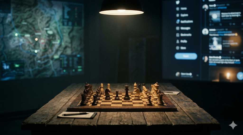 A chess board to simulate game theory with social media and a military strategic map in the background.